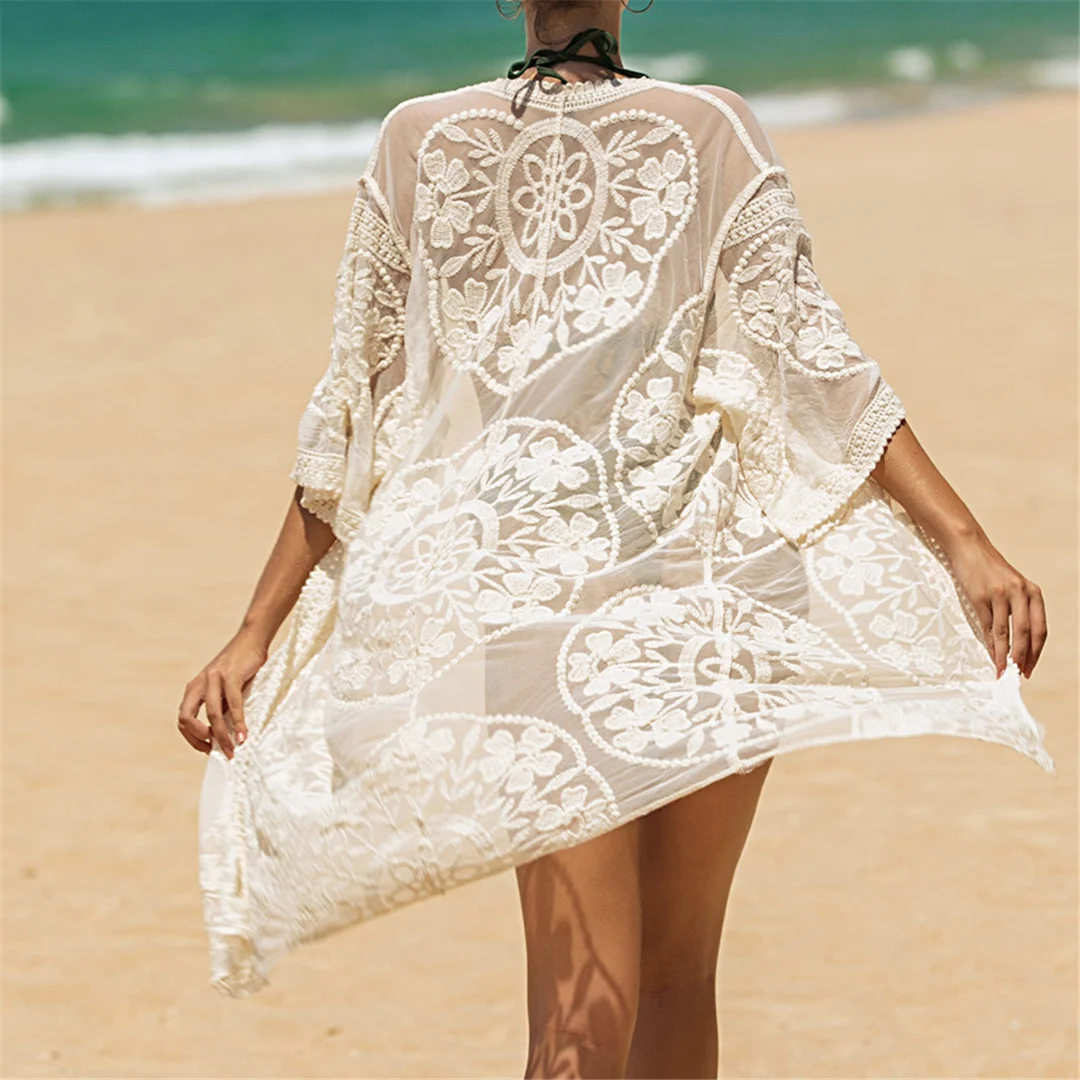 Sexy 3-Farben-Spitzenstickerei-Häkel-Strick-Tunika, Strand-Überwurf, Strandkleid, Strandmode, Damen V4065 – Detail 27