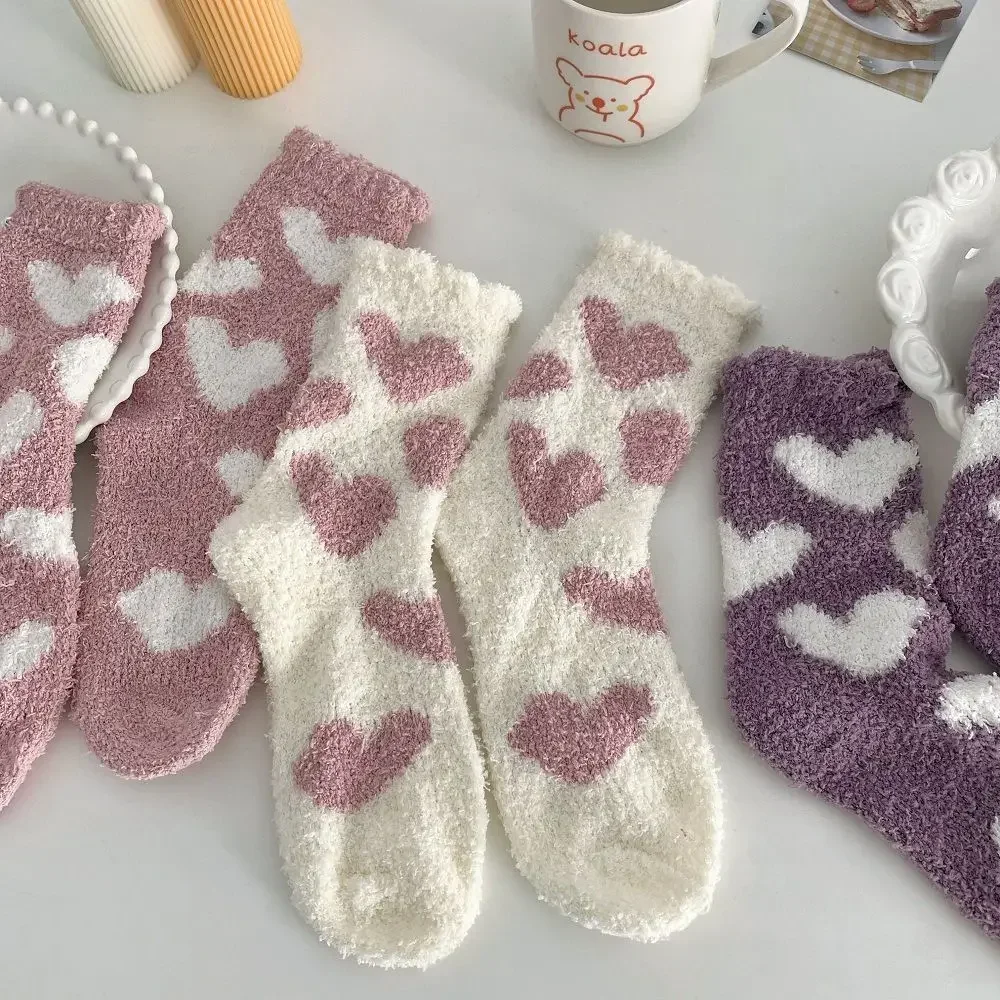 Winter Thickened Coral Wool Socks Women Lovely Heart Warm Middle Tube Socks Female Cotton Sleep Sock Home Floor Stockings Носки