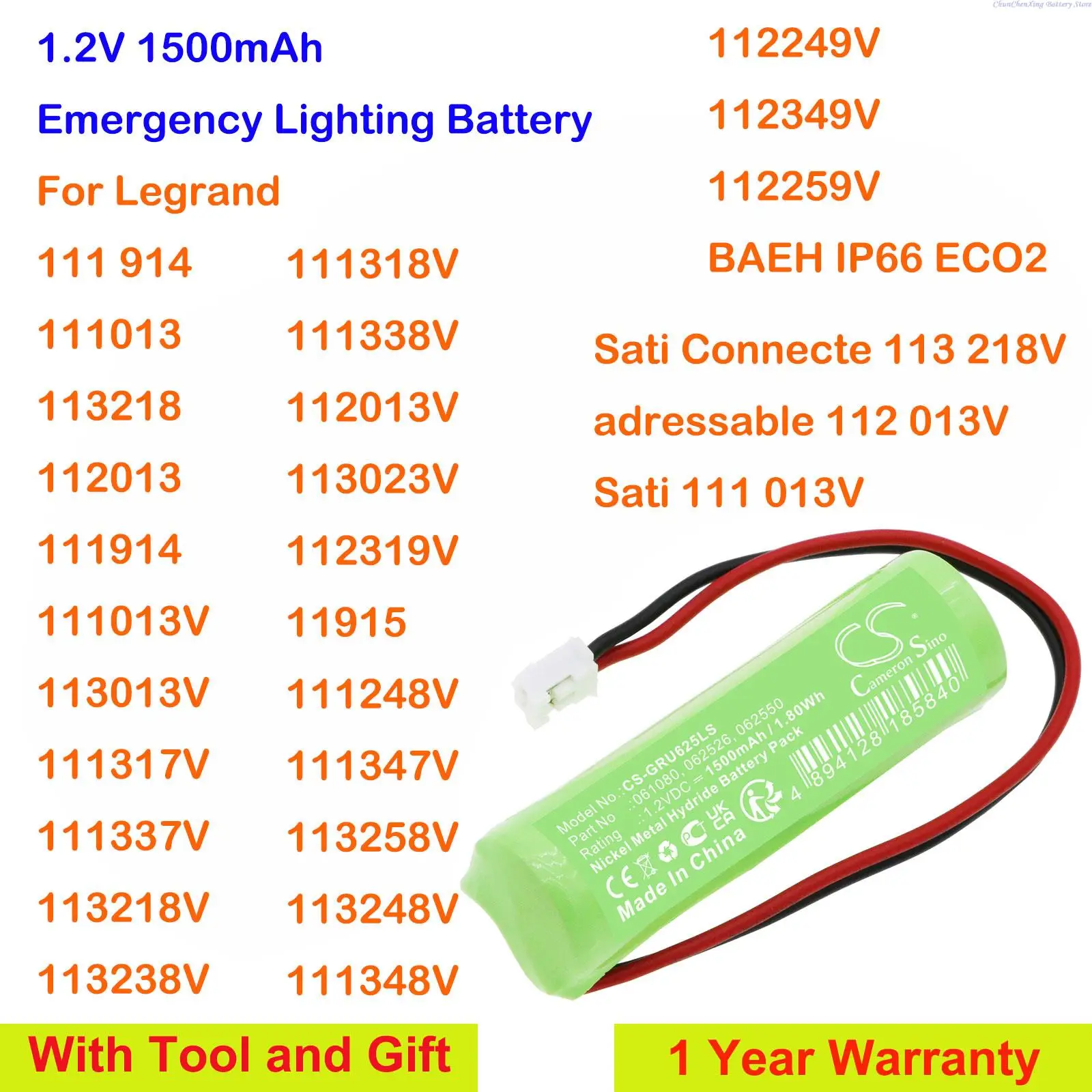 CS 1500mAh Emergency Lighting Battery for Legrand 111 914,111013,113218,112013,111914,111013V,113013V,111317V+ Tool and Gifts