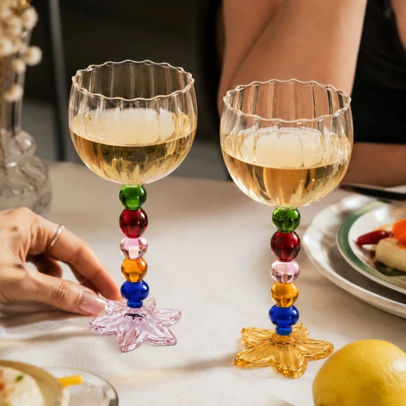 Creative Colored Bead Decorated Glass Goblet,flower Shaped Red Wine Glass, Home Dining Table Decoration, Banquet Decoration Gift