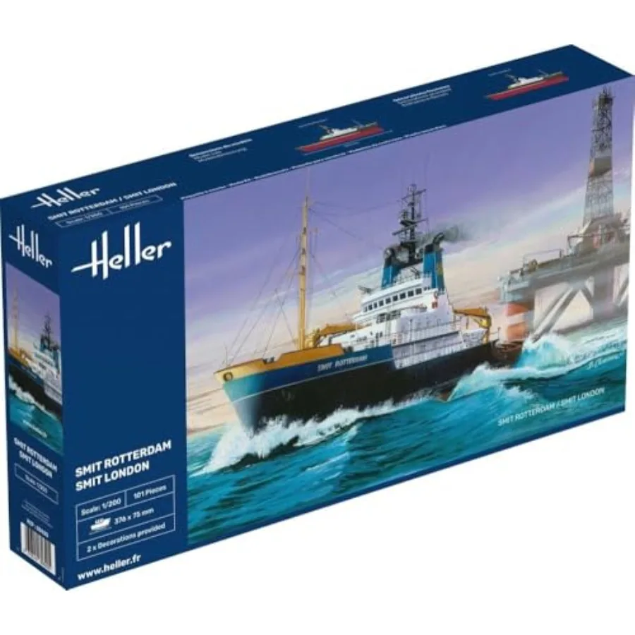 

Ocean tugboat model for display, plastic material, blue and white color, highly detailed with authentic rigging and markings