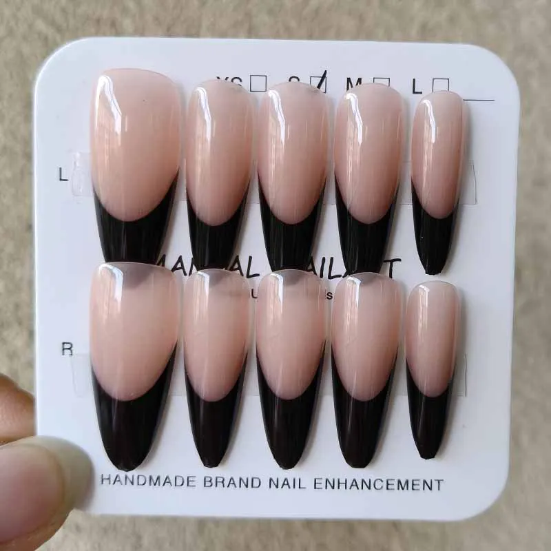 10Pcs Women Girls Color Blocking Splicing Red French Style Press on Nails Simple Long Almond Fake Nails Nails Tips Nail Art