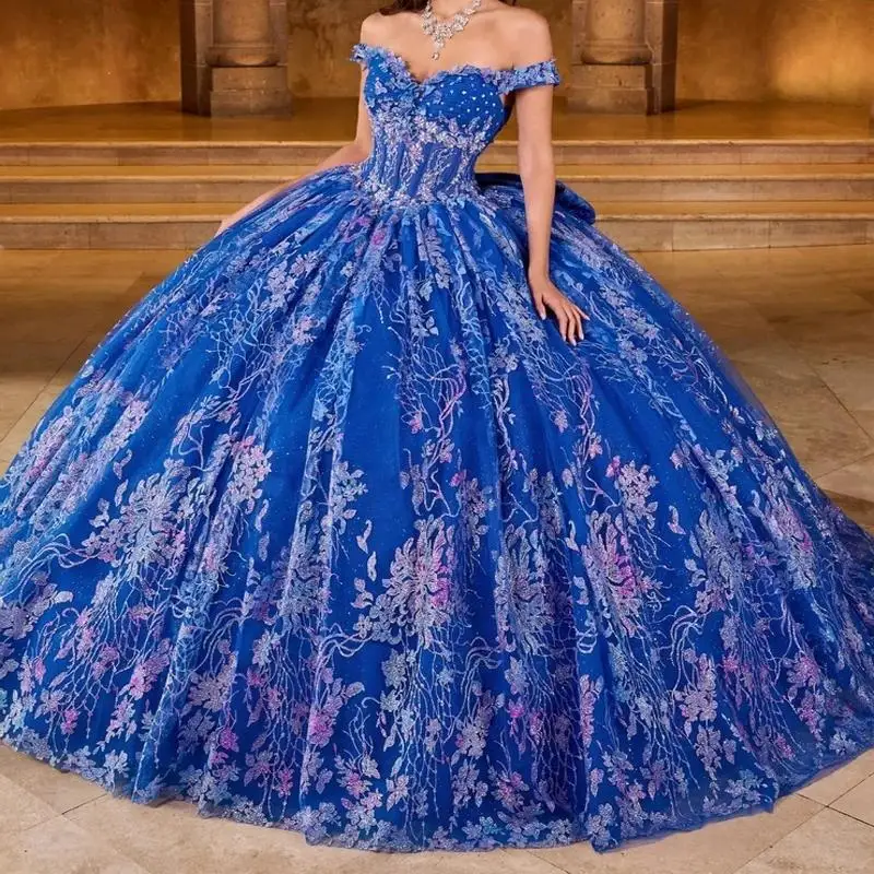 

Sparkly Royal Blue Princess Quinceanera Dresses Off Shoulder Ball Gown Glitter Lace Crystals Beads Tull Sweet 16th Dress Vestido