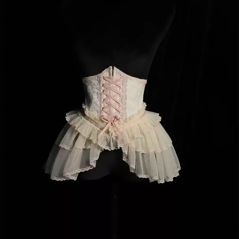 Retro Court Style Lace Waist Corset Women Lace Up Waistband with Multi-layer Tulle Ruffle Hem Baroque Decorative Waist Wrap