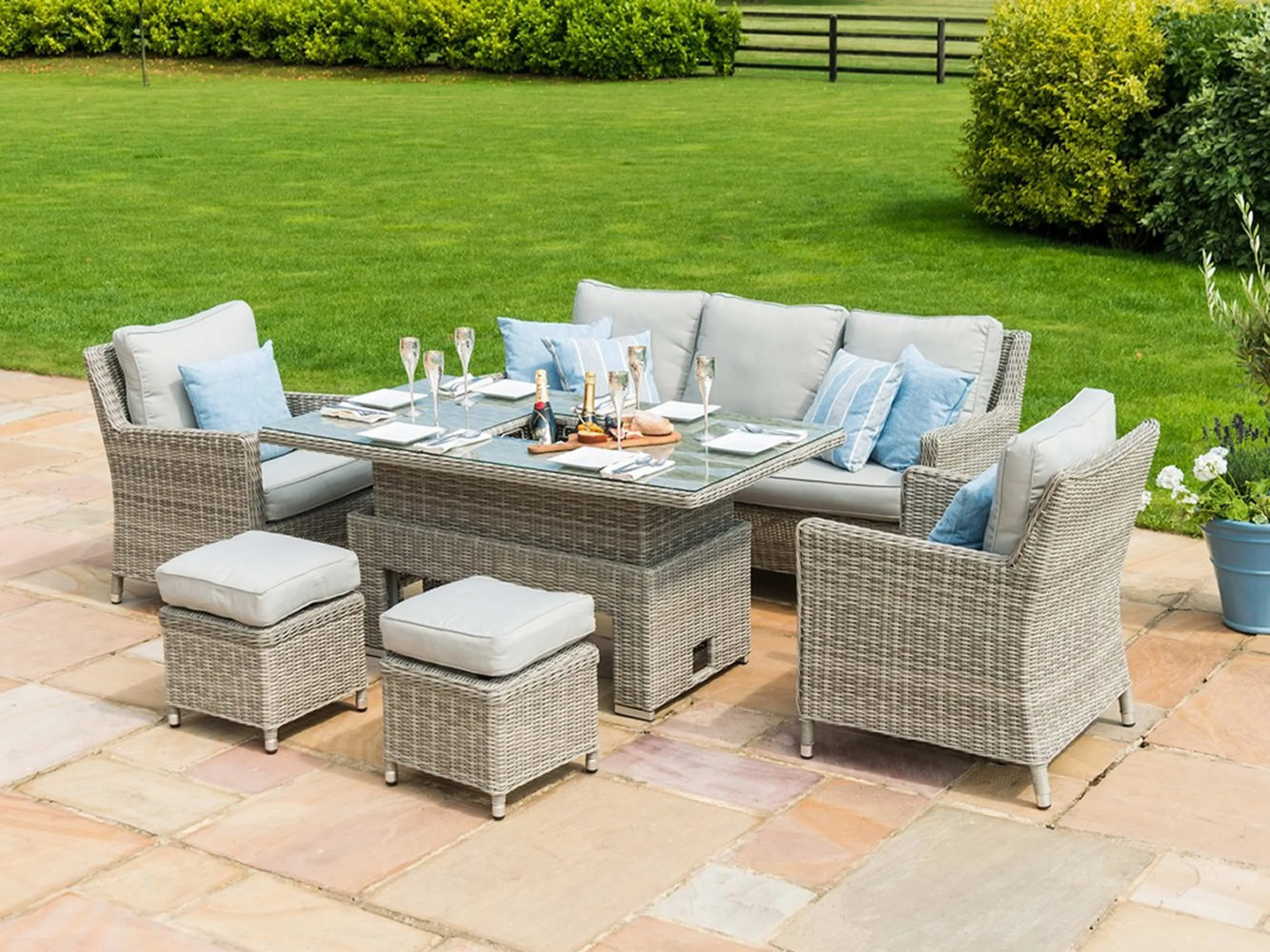 Patio Wicker Dining Set Outdoor Furniture Sofa with Ice Bucket and Rising Table Waterproof Garden Rattan Sofa