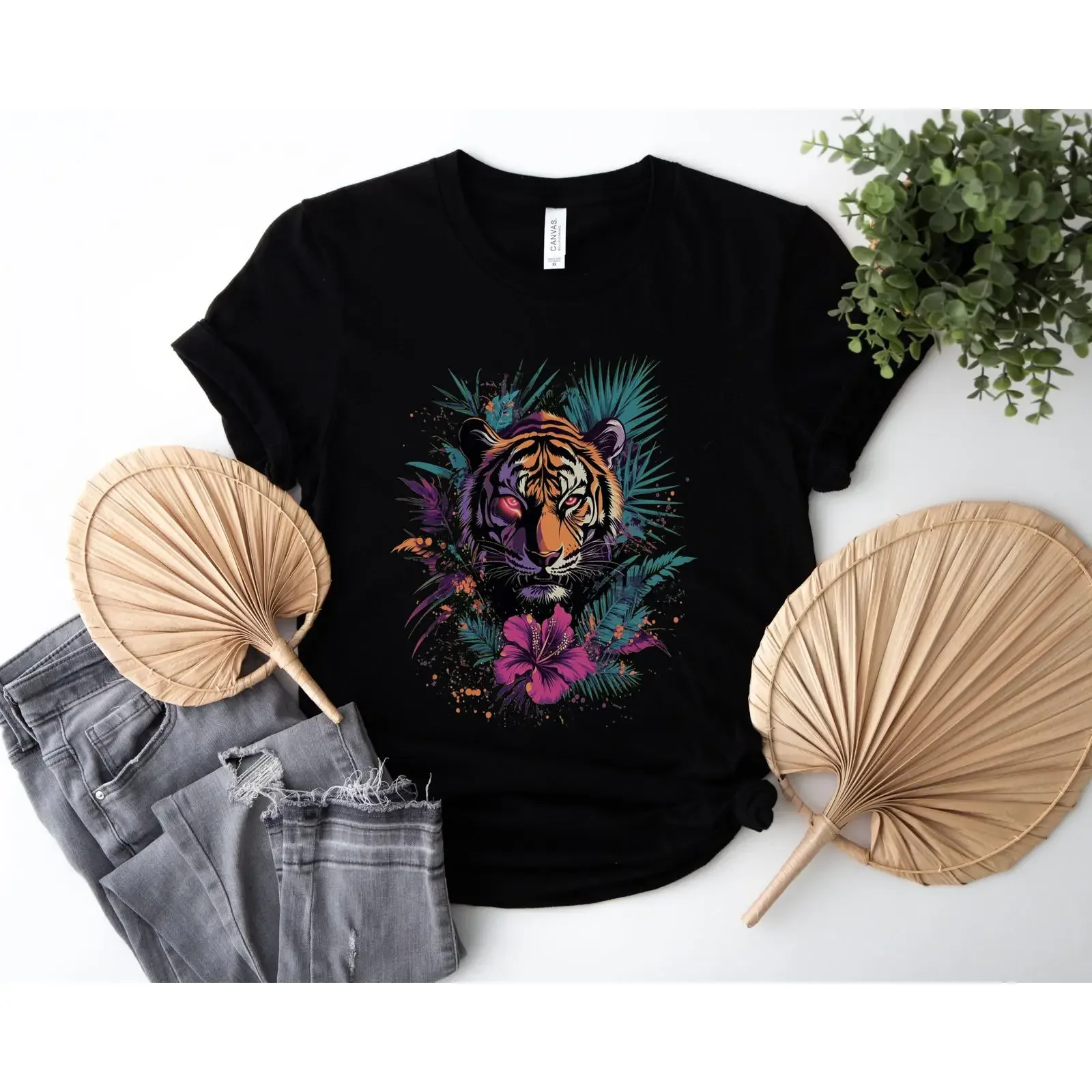 Vibrant Jungle Tiger T Shirt Tropical Neon Fierce Wildlife Design vintage Washed Soft Stylish Casual Versatile