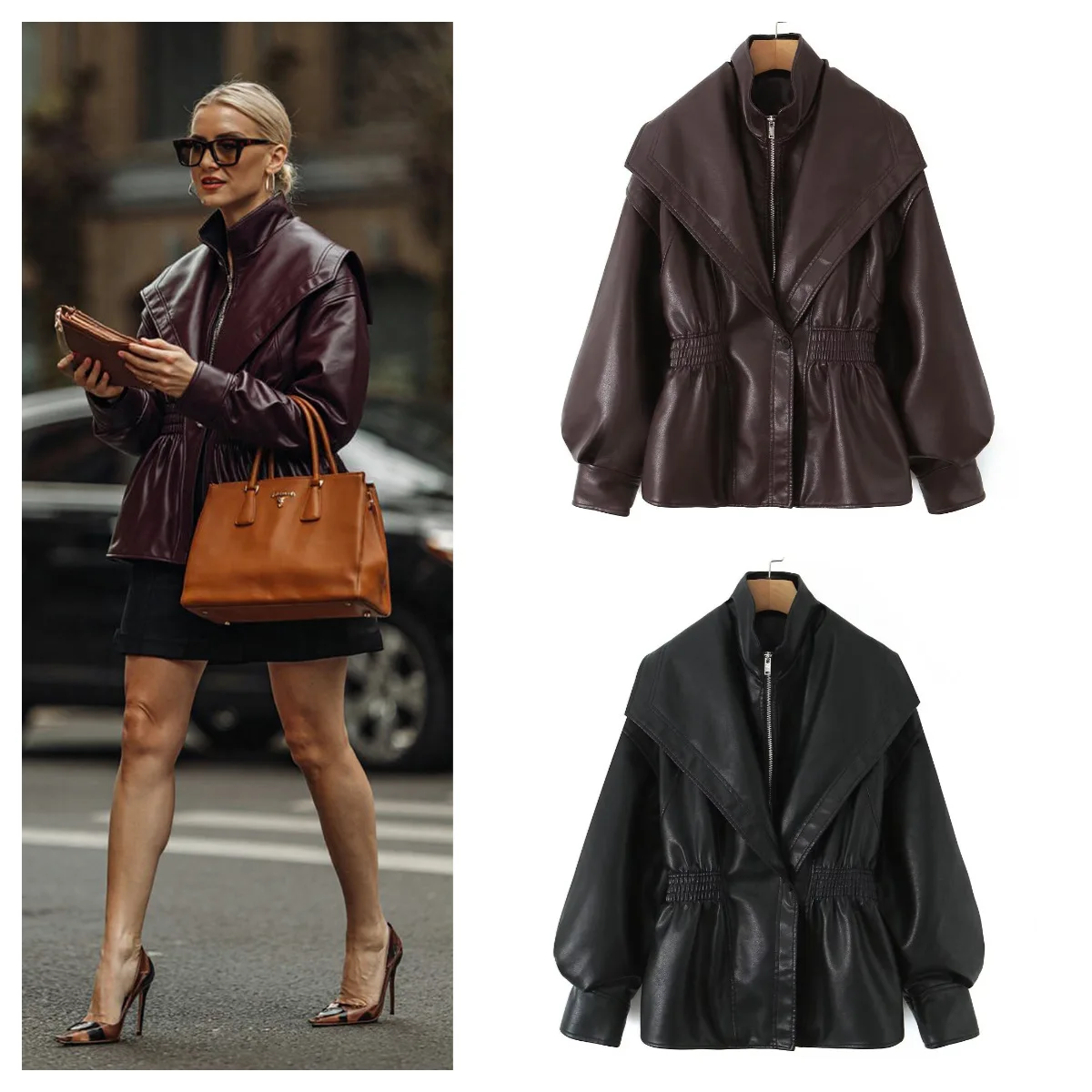 Moda superior & jaqueta feminina outerwear primavera outono lanterna manga gola de couro falso flip design estilo europeu