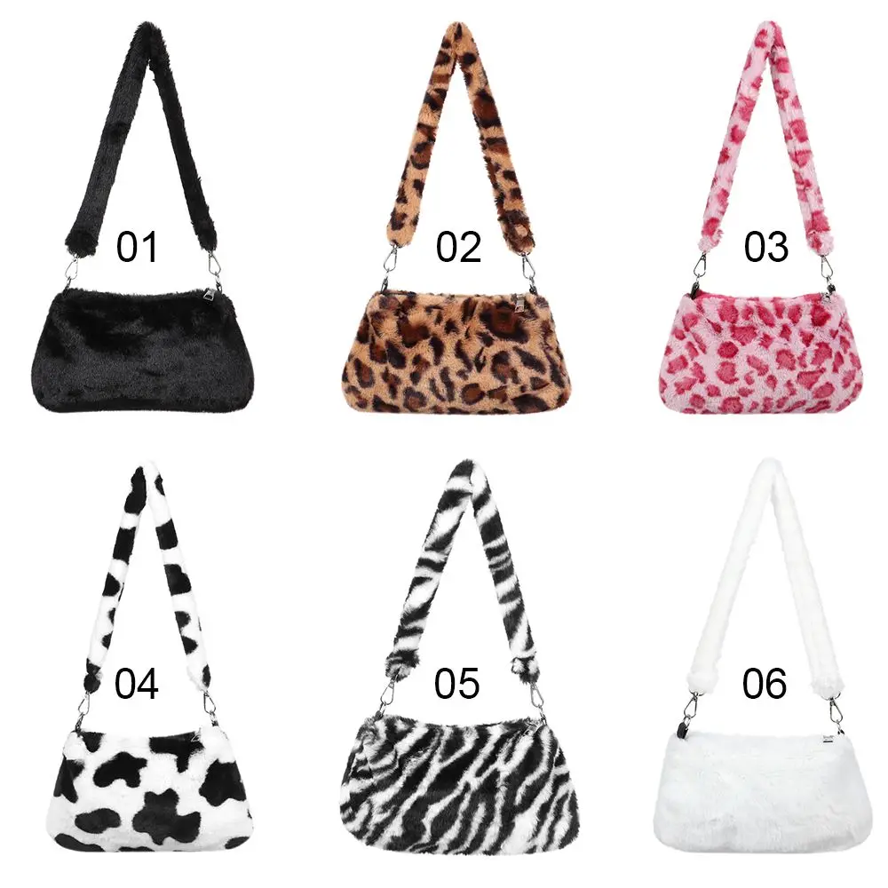 Casual Women\'s Shoulder Bag Animal Print Leopard Plush Lady Shoulder Underarm Bag Female Messenger Bag Crossbody Bags