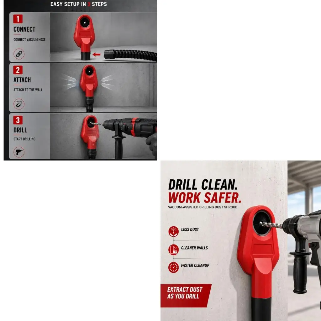 Drilling Dust Shroud Attachment for Concrete, Tile, and with Removable Brush Collar and Swiveling Port for Changing Hose