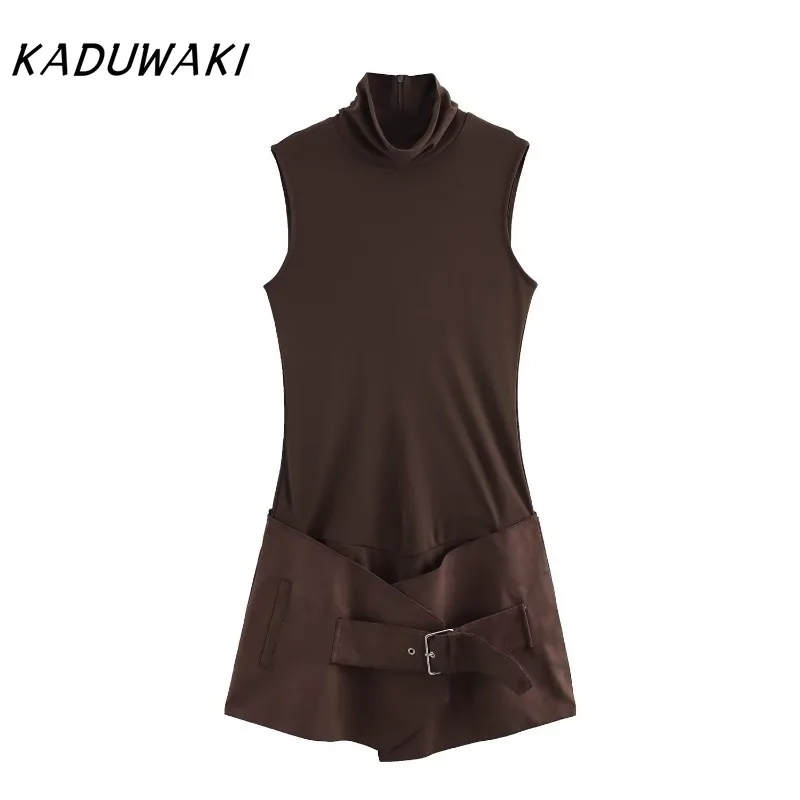 KADUWAKI Classic Fashion Collar Sleeveless Suede Dress Casual Texture Splicing Zipper Jumpsuit Style Vestidos De Tricô Femenino