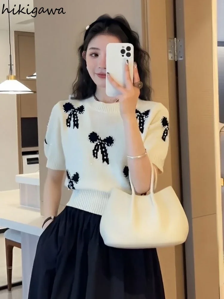 Sweet Jumper Korean Fashion Short Sleeve Pullovers Women\'s Clothing O-neck Bow Pull Femme Casual Knitted Cropped Sweater Tops