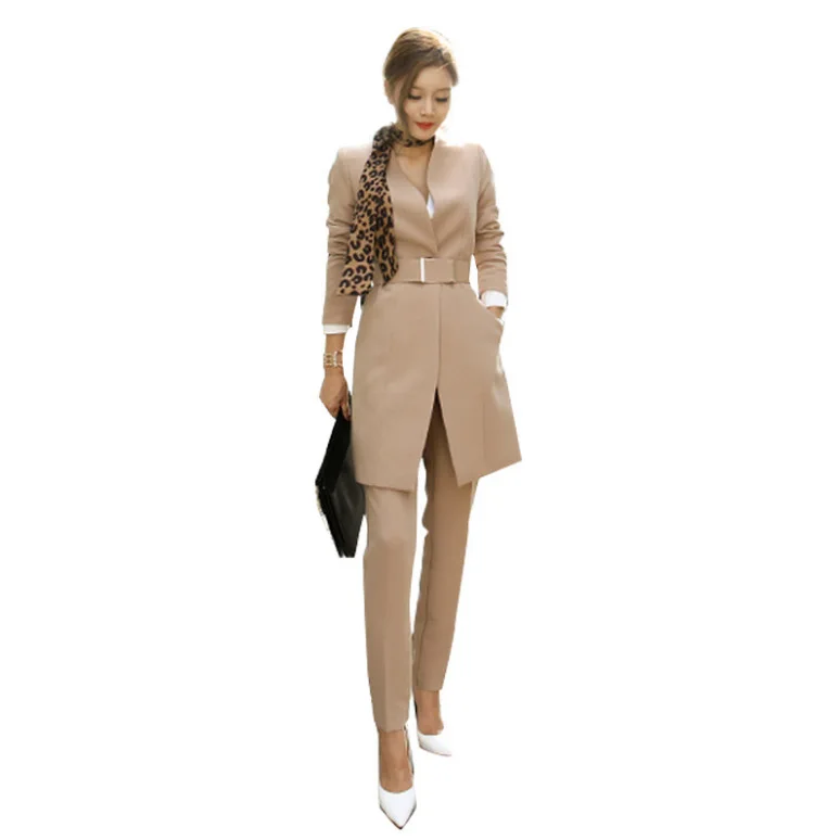 Women\'s Business 2 Pieces Outfits Fashion Formal Long Sleeve V Neck Blazers Coat +Pencil Work Full Length Sashes Pant Suit