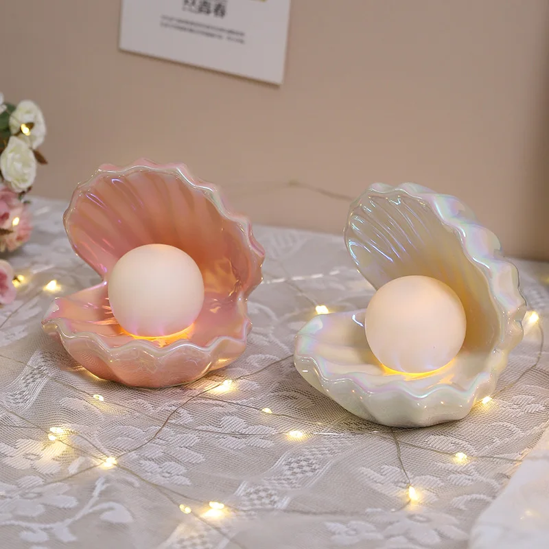 

‌Ceramic Shell Tray with Night Light - Bedroom Decor, Jewelry Display, Aquarium Ornament, Unique Gift