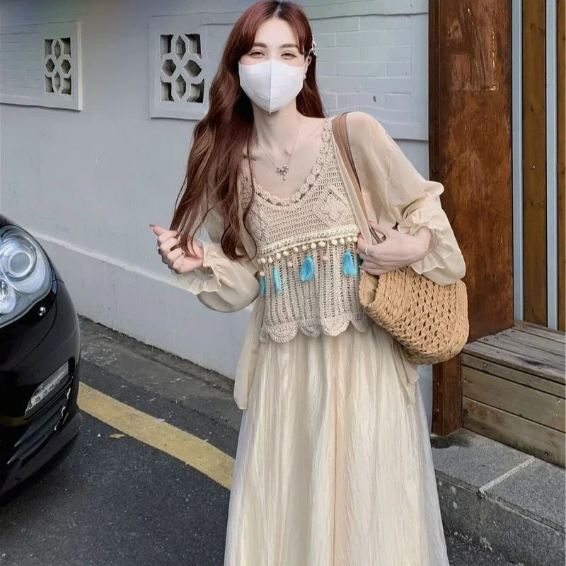 

Long Women's Two Skirt Piece Set Maxi Korean Style Stylish Vacation 2025 Y2k Clothes Co Ord New in The Same Full Female Outfits