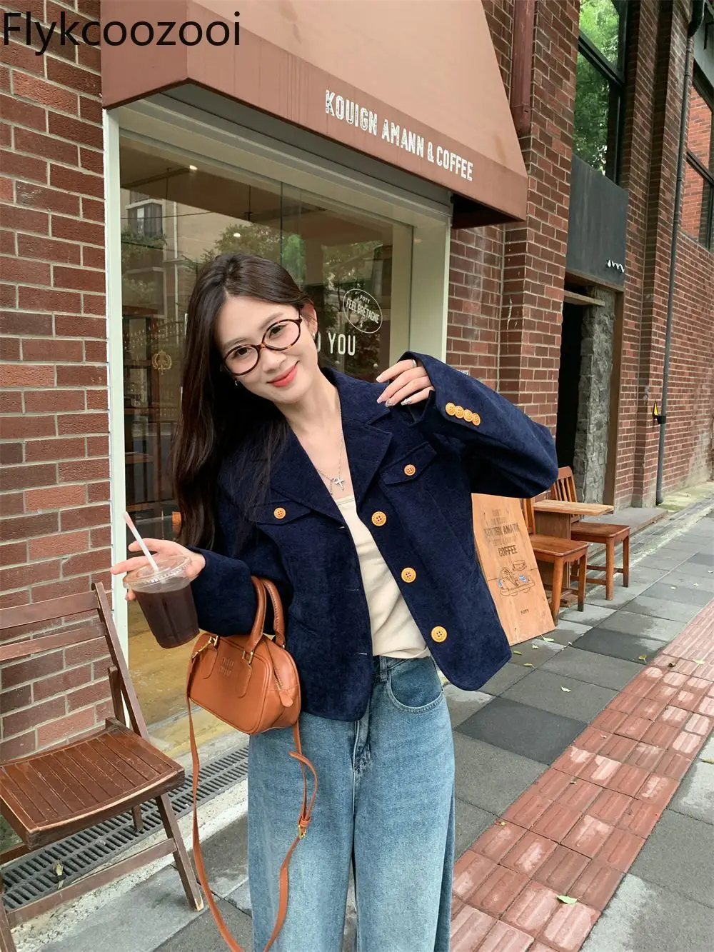 

Flykcoozooi Retro Corduroy Suit Loose Casual Short Jackets Women Tops Autumn Navy Blue Commuter High-end Blazers Women Clothing