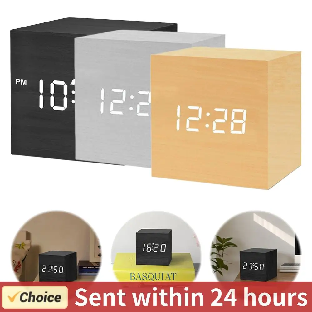 Wooden Digital Alarm Clock Voice Control Electronic Desktop Clock USB/Battery Powered LED Clock Art Ornament for Home Decoration