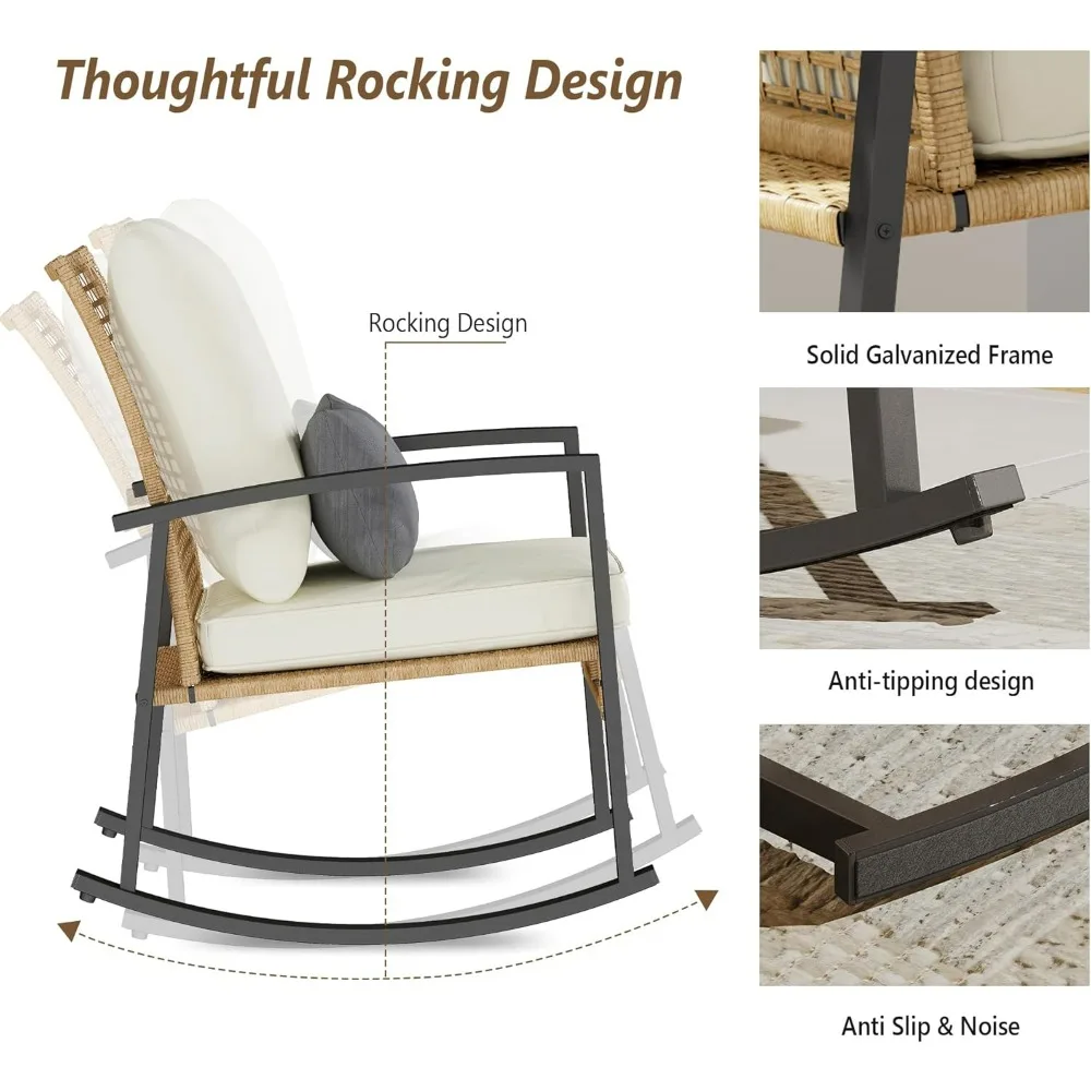 

3 Piece Outdoor Rocking Chair Bistro Set with Tempered Glass Coffee Table And Thick Lumbar Pillow - Patio Rocker Chairs Set of 2