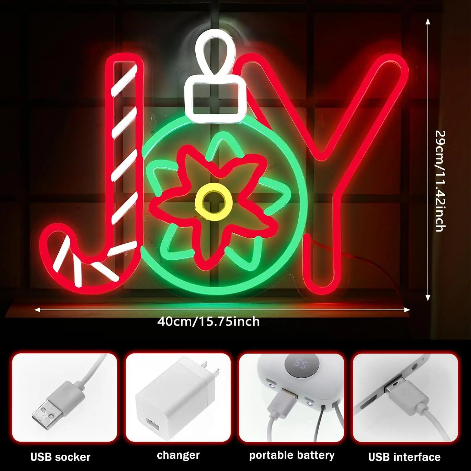 Christmas JOY With Candy Cane Bauble Neon Sign USB Dimmable LED Lights For Xmas Holiday Home Table Wall Indoor Room Decor Gifts