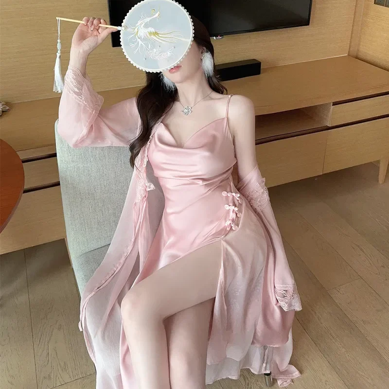 

Bathrobe Gown Suit Summer Silky Satin Kimono Sleepwear Home Clothes Pink 2PCS Robe Set Nightgown Women Nightdress Loungewear