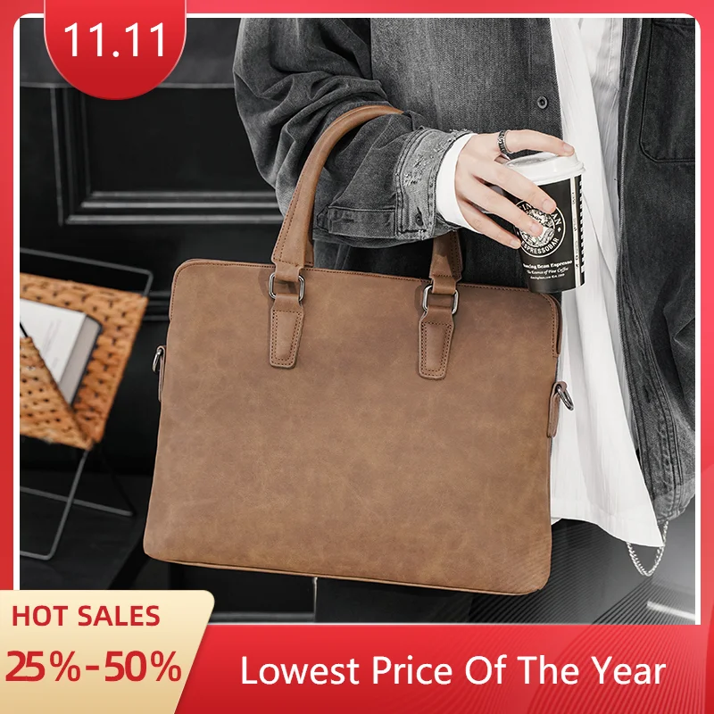 Retro Business Casual Men's Briefcase Korean Version Men's Bag Shoulder Crossbody Bag horizontal leather handbag File Bags