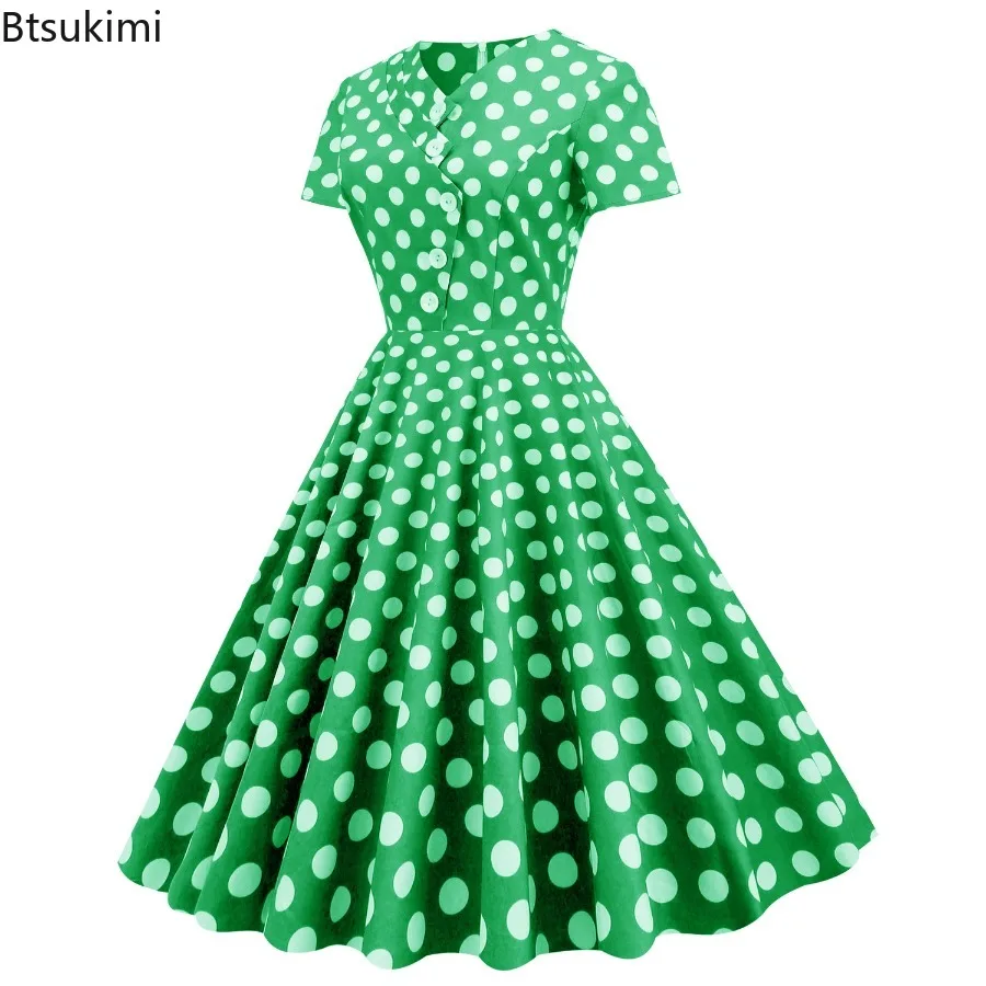 Robe Vintage à pois pour femmes, col asymétrique, grande jupe, manches courtes, coupe cintrée, couleur unie, rétro, été