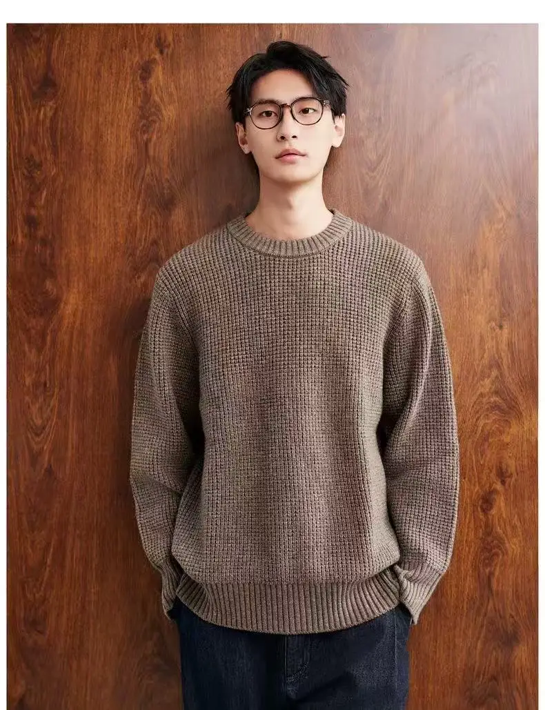 Retro autumn and winter men's loose solid color sweater with shoulder and round neck sweater top