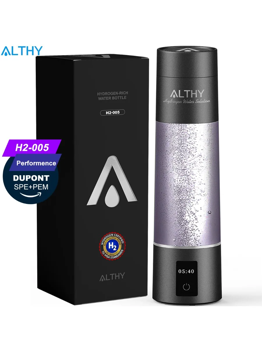 Bouteille générateur d'eau à hydrogène moléculaire ALTHY Performance DuPont SPE & PEM loniseur à double chambre + charge et affichage de l'heure