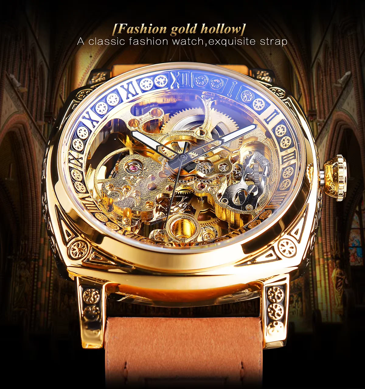 Forsining Luxury Retro Carving Man's Automatic Mechanical Watch Fashion Black Genuine Leather Gift For Men Waterproof Wristwatch