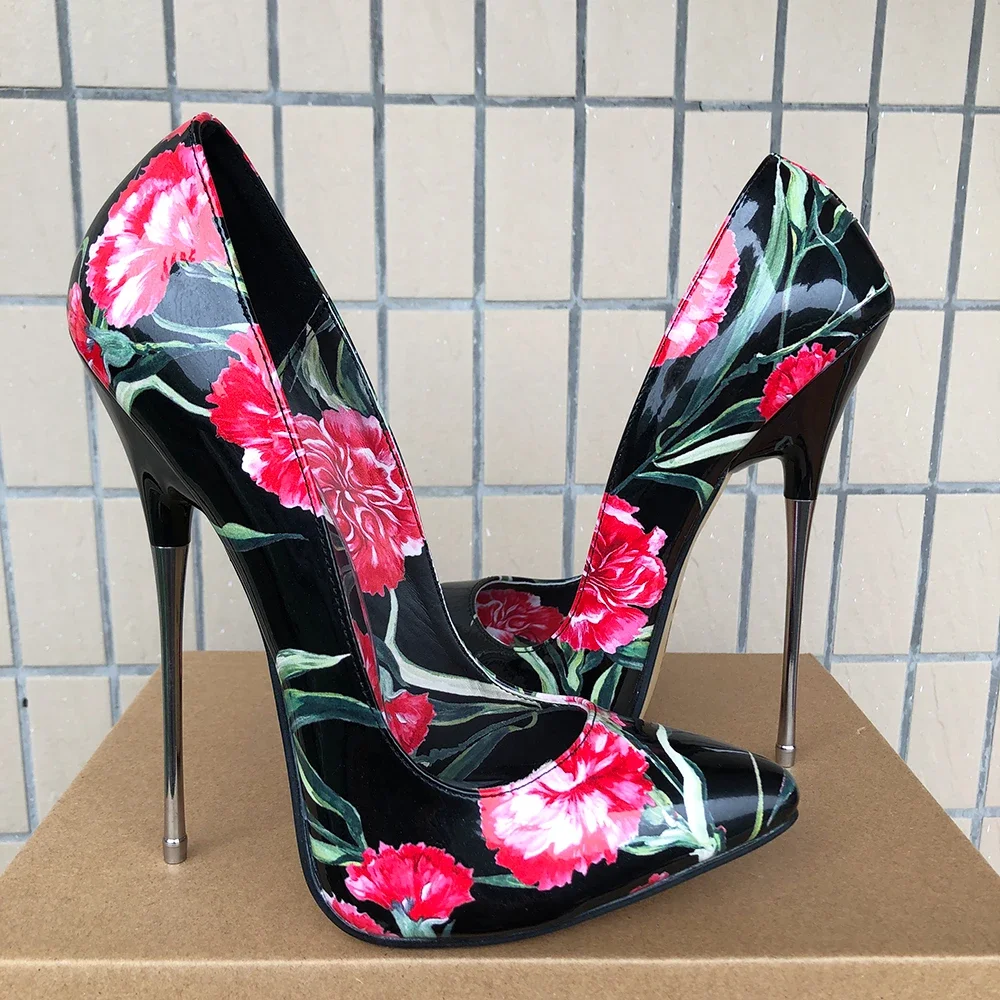 

Женские сексуальные туфли-лодочки на очень высоком каблуке 16 см с цветочным принтом на шпильке, фетиш-модель для вечеринки, геев, SM, мужская обувь унисекс для подиума