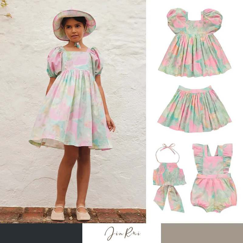 

Girls Dress 2025 Summer Printing Fashion Korean Version Of The Children's Dress Cotton Bow Girls Hanging Neck Top Bustle Skirt
