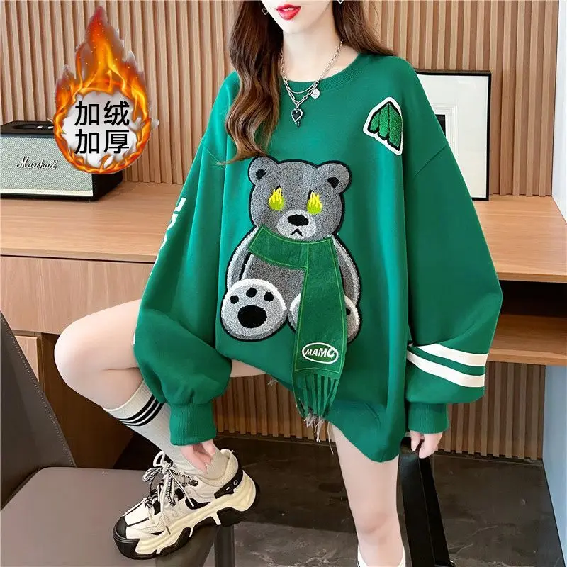 Cartoon Bear Embroidery Round Neck Sweater Women\'s Loose Autumn And Winter Plus Velvet Thick Foreign Style