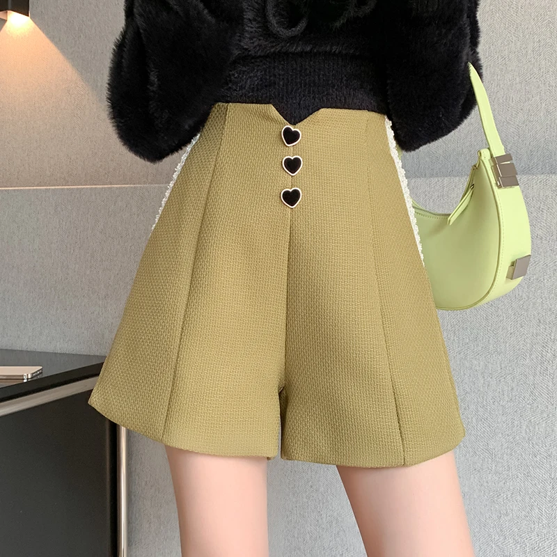 Woman Woolen Thick Shorts Warm A-line Wide-leg Female Stretch High-waist Loose Straight and Boot Shorts Ladies Casual