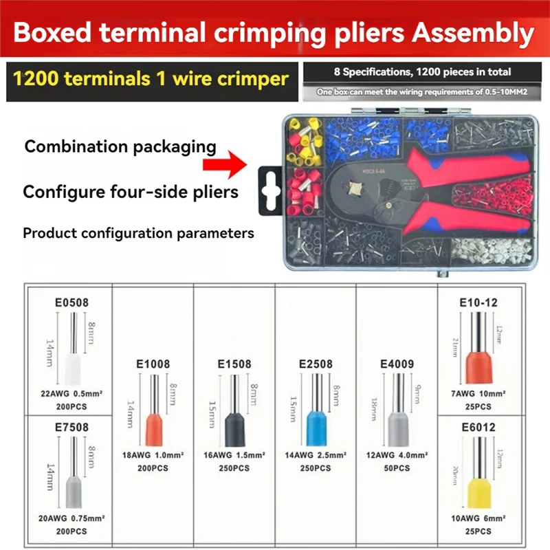 

Most-HSC8 Щипцы для обжима кабельных проводов Набор плоскогубцев 6-4/6A 23-7AWG Self 1200 шт. Набор наконечников для шнурков с наконечниками