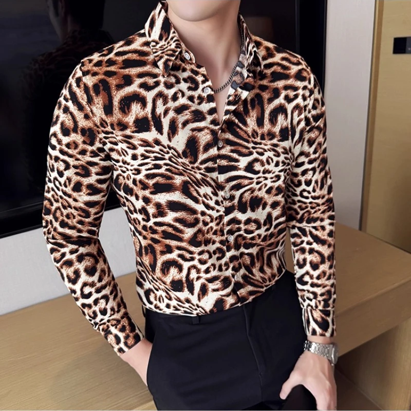 

Сексуальная мужская рубашка с леопардовым принтом, осень 2022, новая мужская социальная рубашка с длинными рукавами и принтом, облегающая рубашка с мячом по индивидуальному заказу