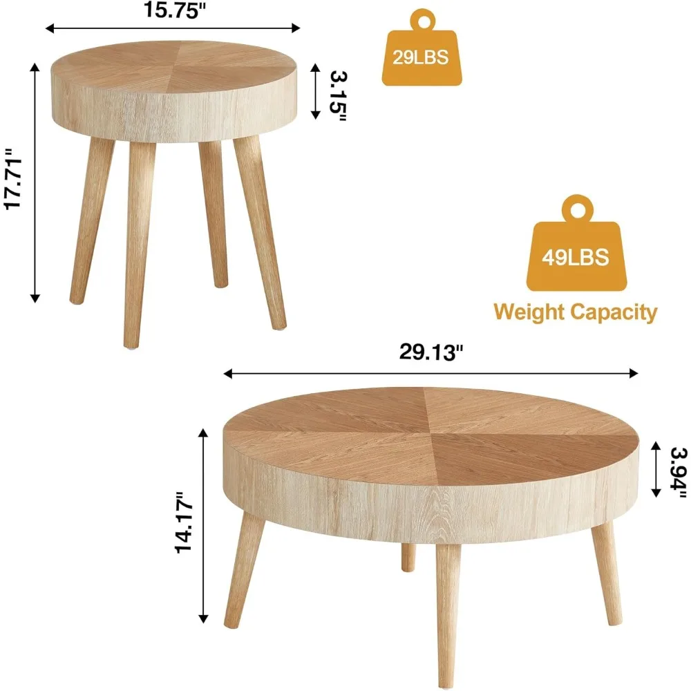 Farmhouse Round Coffee Table Set of 2, Rustic Sofa Side End Tables w/Wood Finish, Nesting End Table Set for