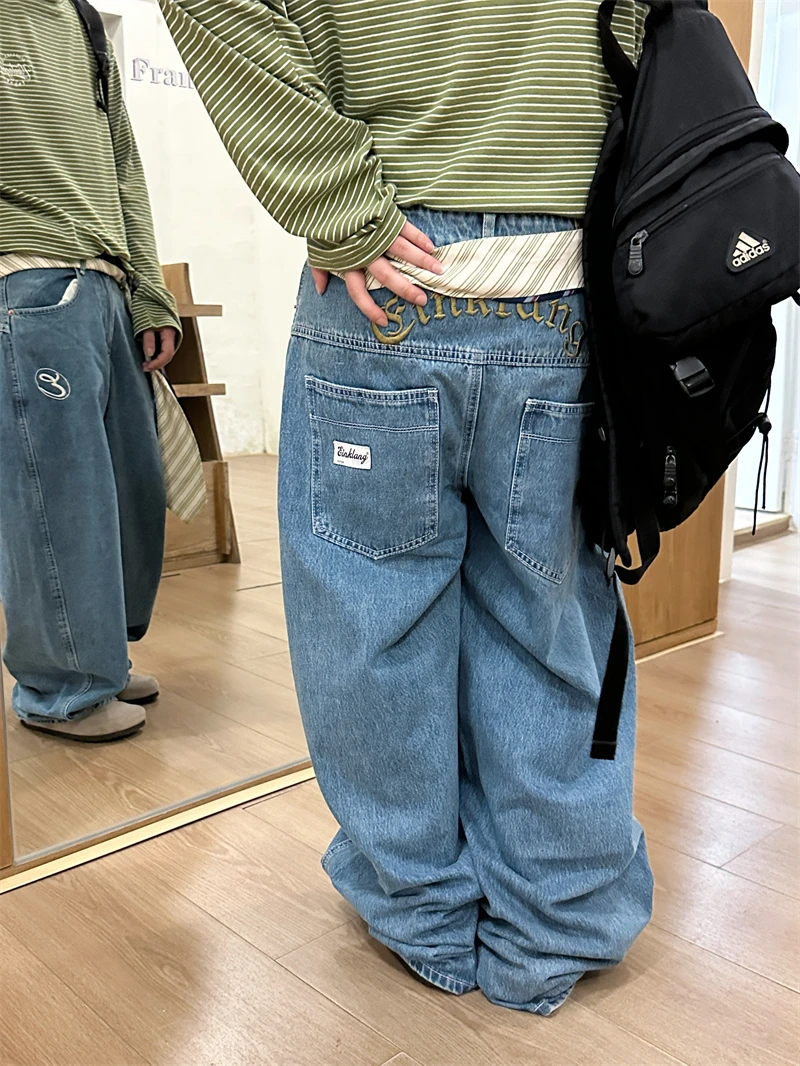 

American Style High Street Retro Embroidered Jeans Loose Straight Leg Men's Cleanfit Versatile Floor-Length Pants