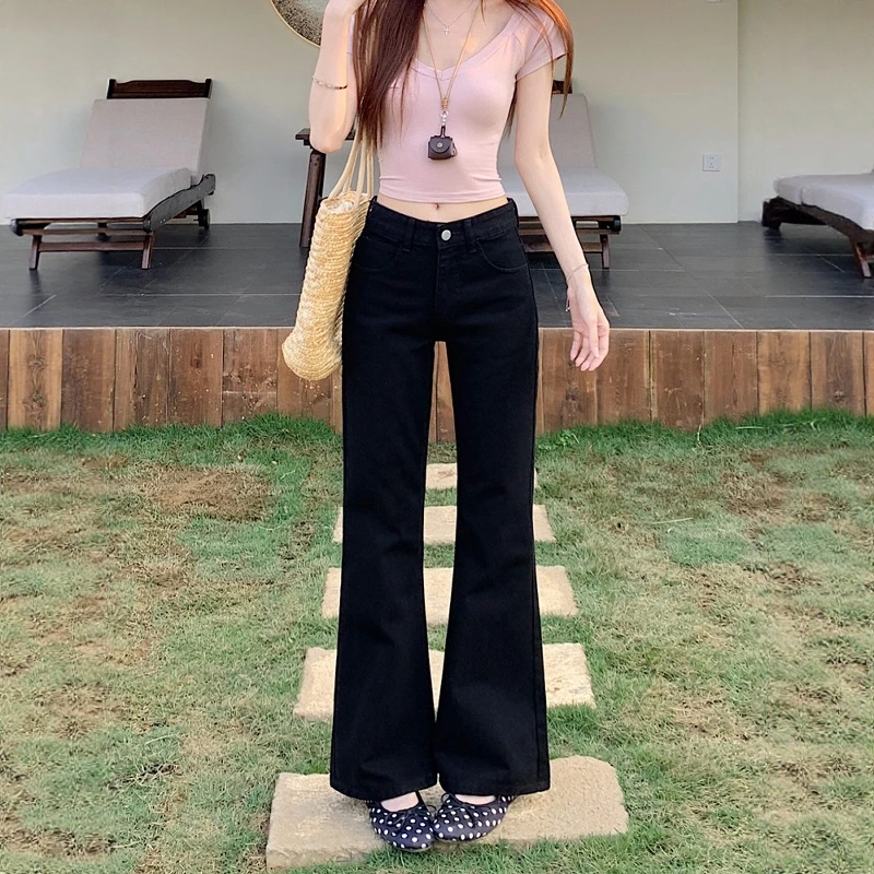 Black Low Waist Draped Micro Flared Denim Jeans Women Summer Slimming High End Feeling Not Sticky Leg Floor Length Pants