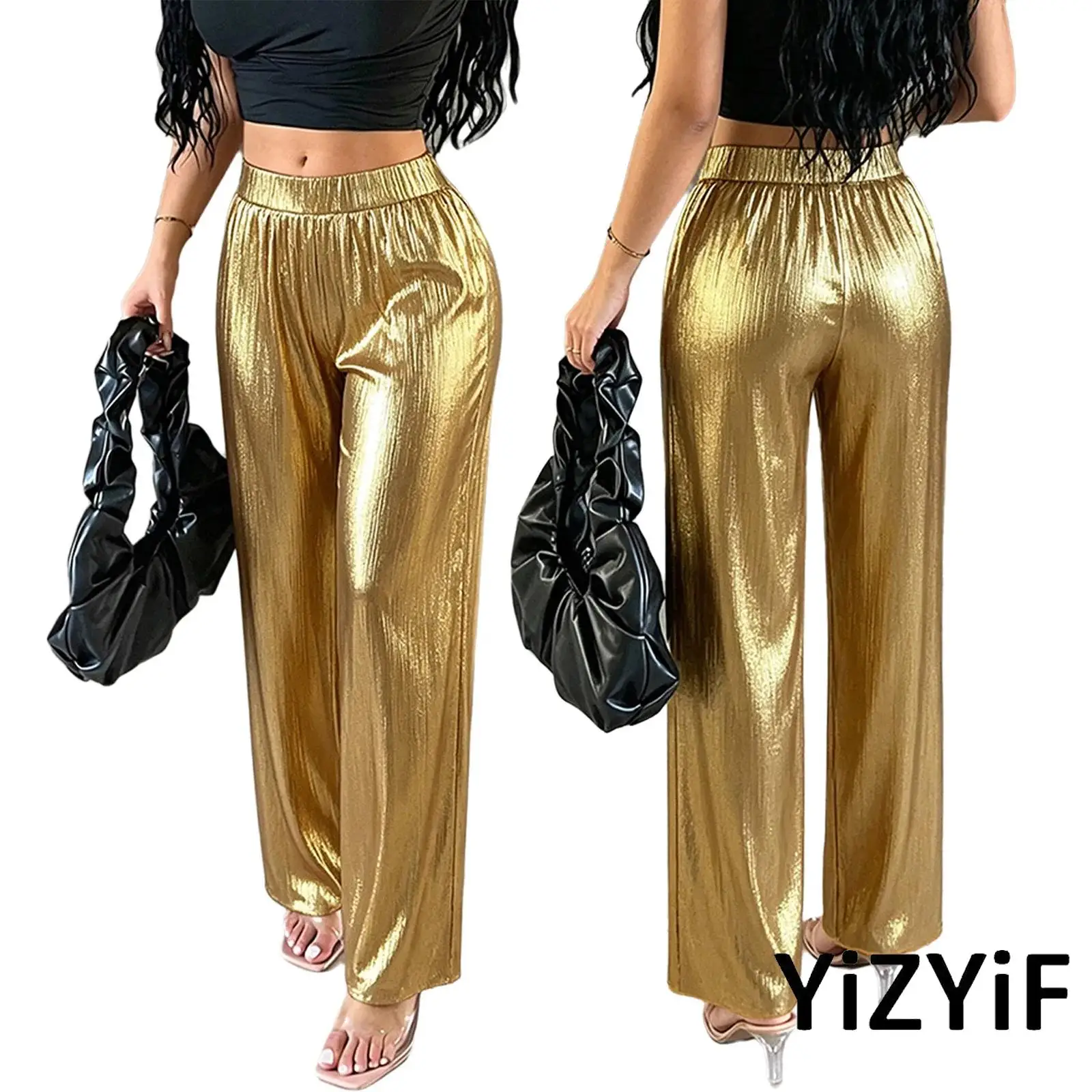 

Womens Music Festival Clubwear Metallic Shiny Straight Leg Pants Elastic Waistband Wide Leg Trousers for Jazz Hip Hop Stage