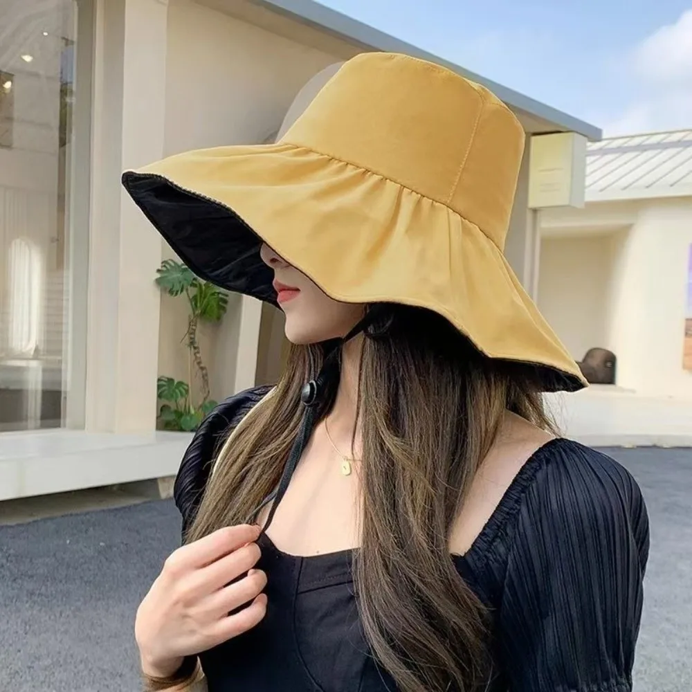 Solid Color Women Fisherman Hat Anti-Ultraviolet Foldable Wide Brim Sun Hat with Windproof Rope Adjustable Sun Protection Hat