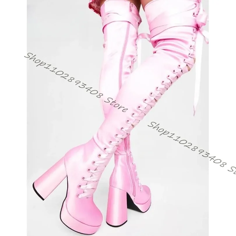 Pink Cross Band Platform Knee Boots Side Zipper Chunky High Heels Boots Women Sweet New Fashion Shoes 2023 Zapatos Para Mujere