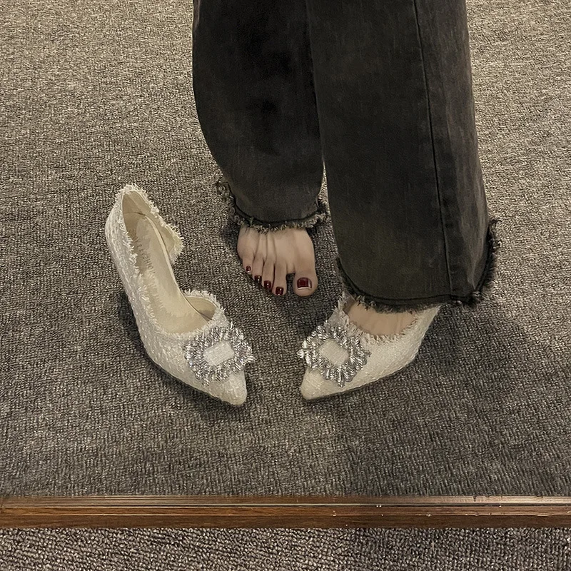 Women High Heels Fashion Square Rhinestone Buckle Pointed High Heels Shoes Elegant Temperament Women Party Wedding Shoes Tacones