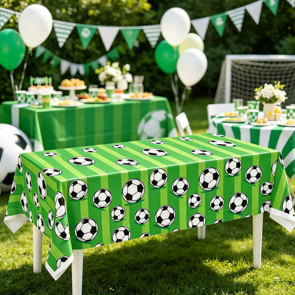 Football Motif Table Cover 137x274 cm for Birthday Events Green Black White Party Decoration Football Motif Table