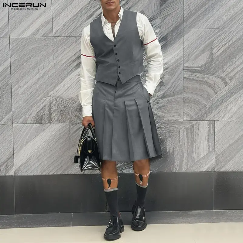 INCERUN Men Sets Solid Color V Neck Sleeveless Vests & Pleated Skirts Two pieces Sets Streetwear Personality Fashion Men's Suits