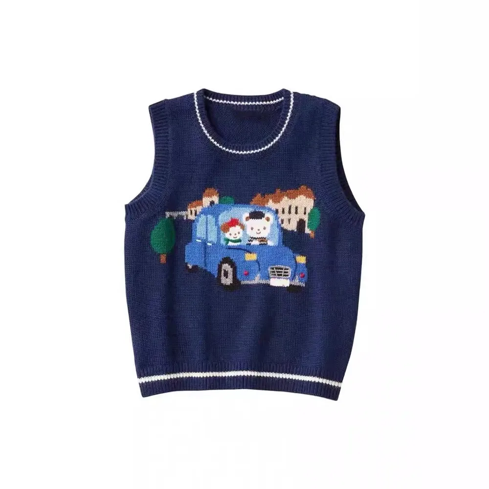 baby sweater Cartoon train pattern sleeveless vest Boys and girls' knitted sweater round neck pullover sweater