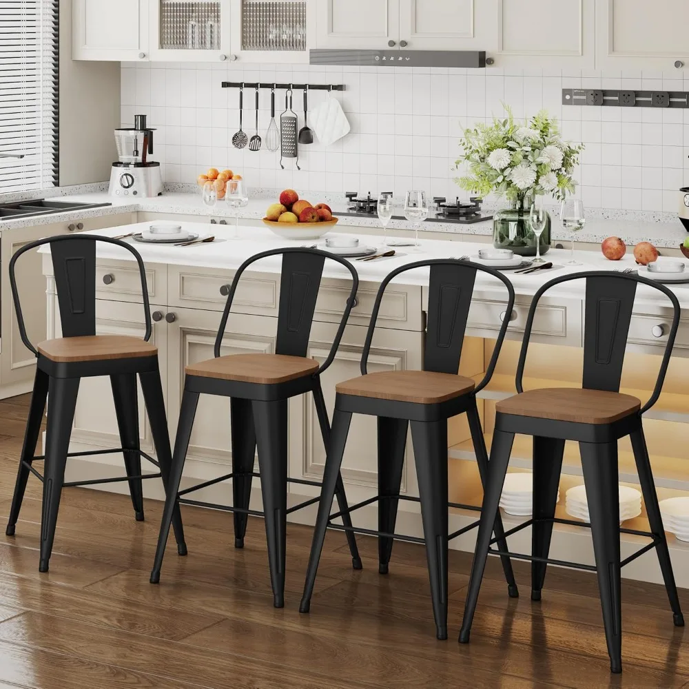

30 Inch Industrial Bar Stools Set of 4, High Back Metal Barstools with Large Wood Seat, Counter Height Bar Chairs for Kitchen I