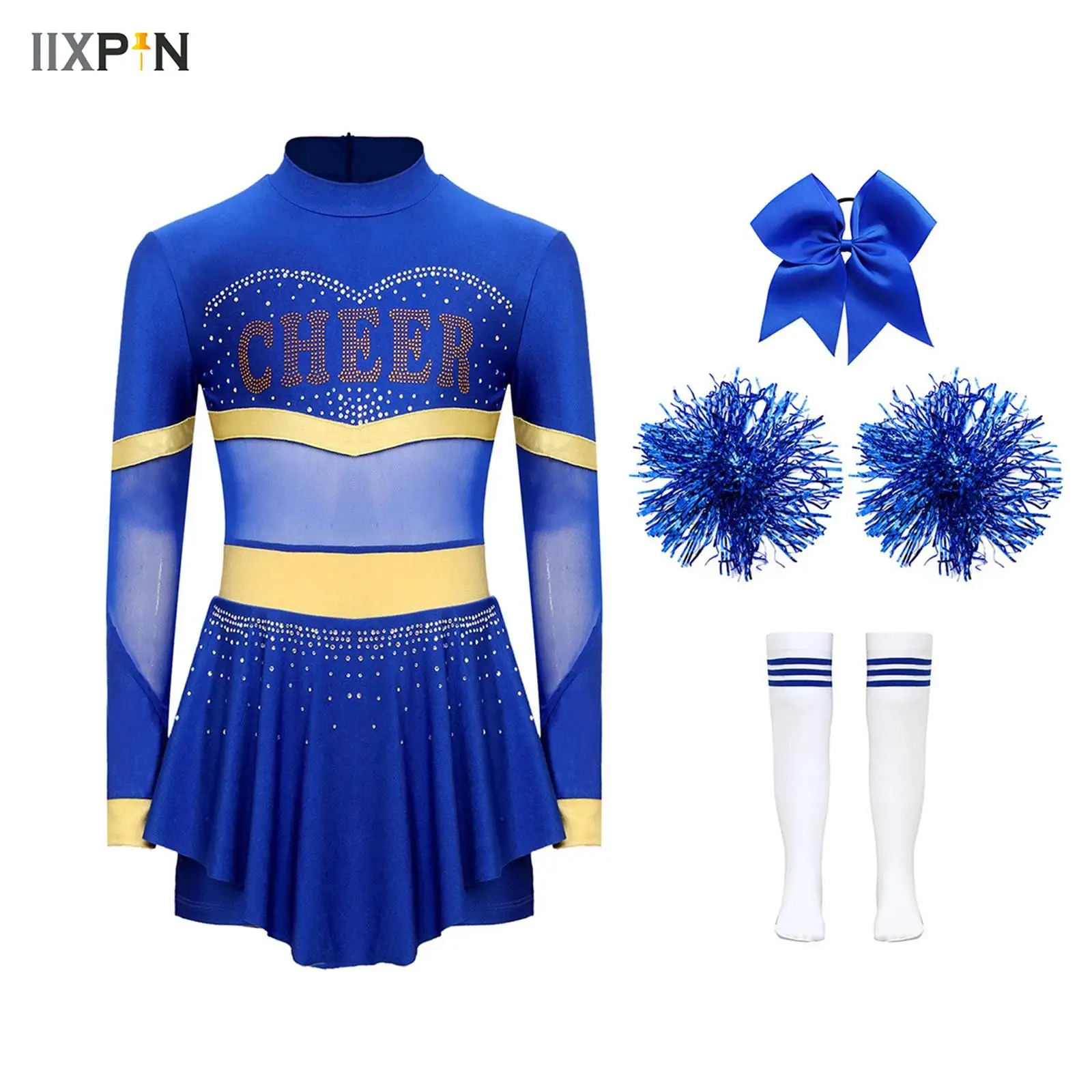 

4Pcs Girls Cheer Leader Costume Long Sleeve Diamonds Dance Jumpsuit+Hand Flower+Bowknot Hair Ties+Socks Cheerleading Streetwear