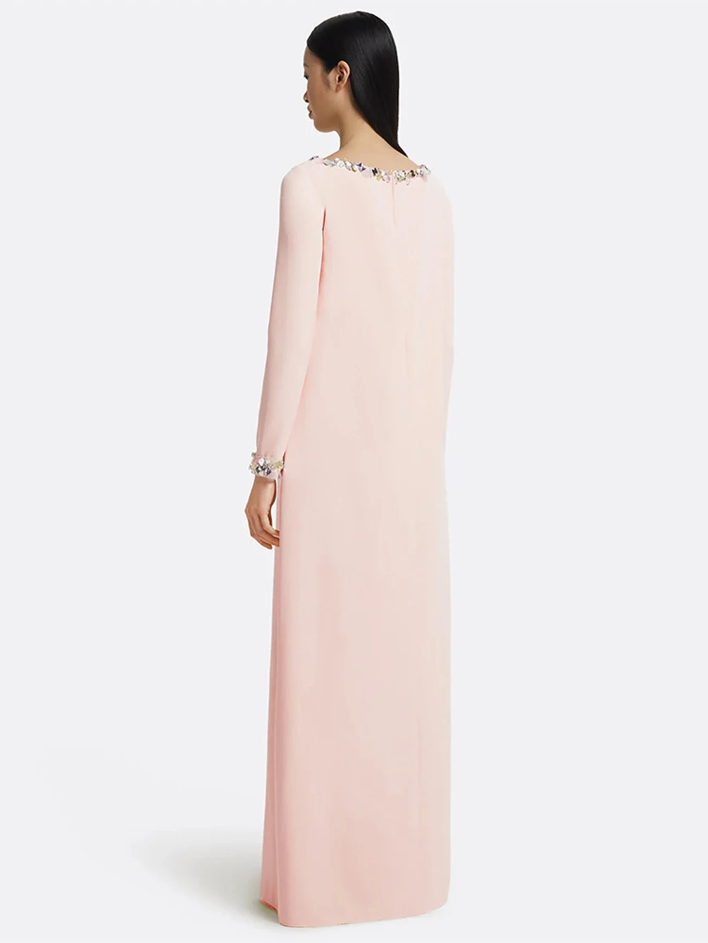 Modphy Loose Solid Crystal Bead Elegant Chic Dresses For Women Round Neck Long Sleeve Solid Long Maxi Dress Female