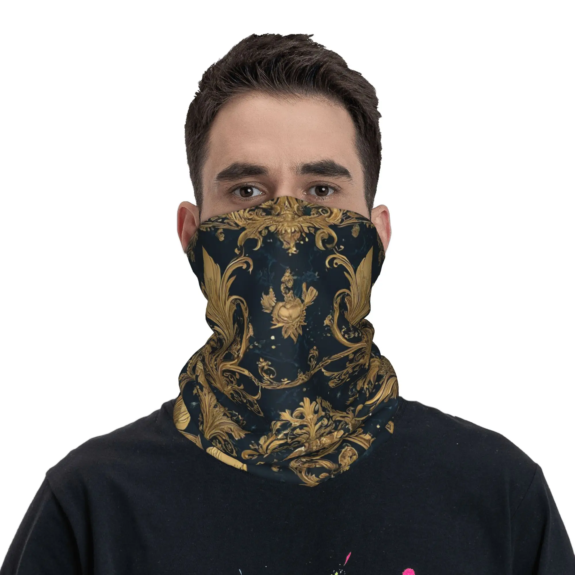 

Blue and Golden Marble Pattern with Sacred Lily Floral Motif Bandana Neck Gaiter Printed Magic Scarf Headband Riding Unisex