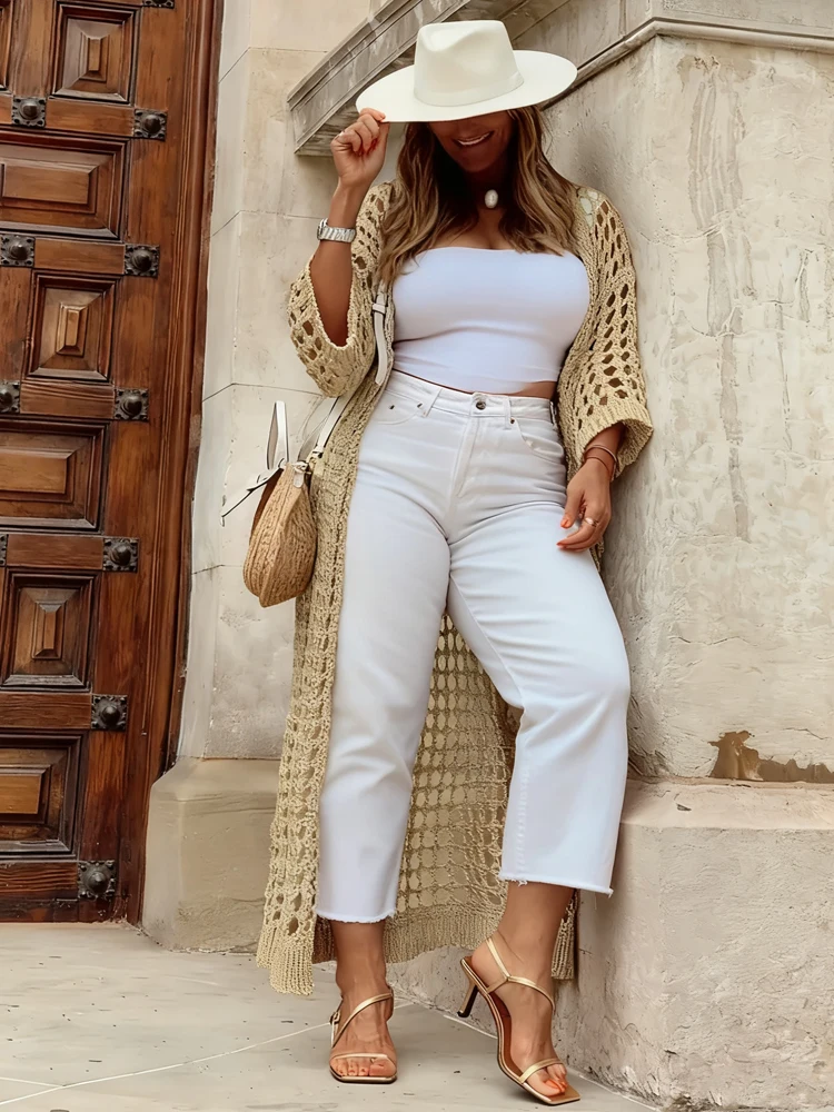 New Plus Size Knitted Long Sleeve Cardigan Jacket Translucent Elegant Versatile Long Coat Holiday Apricot Loose Mesh cardigan