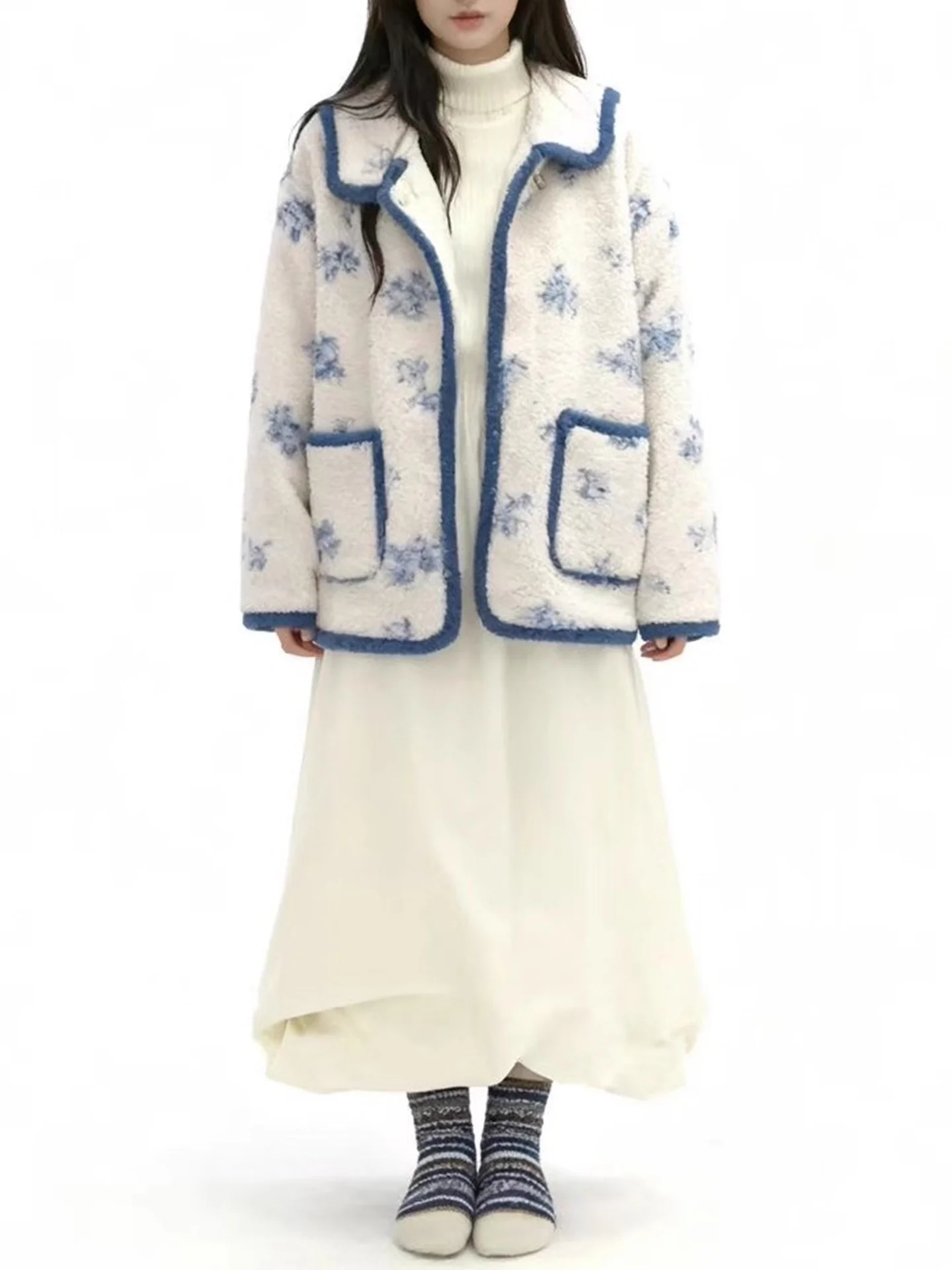 السيدات الأزهار طباعة فرو الضأن Jaet Double ket فضفاضة تناسب الدافئة أعلى تخفيف Sle شتاء جديد وصول Gentle Ele Contras...